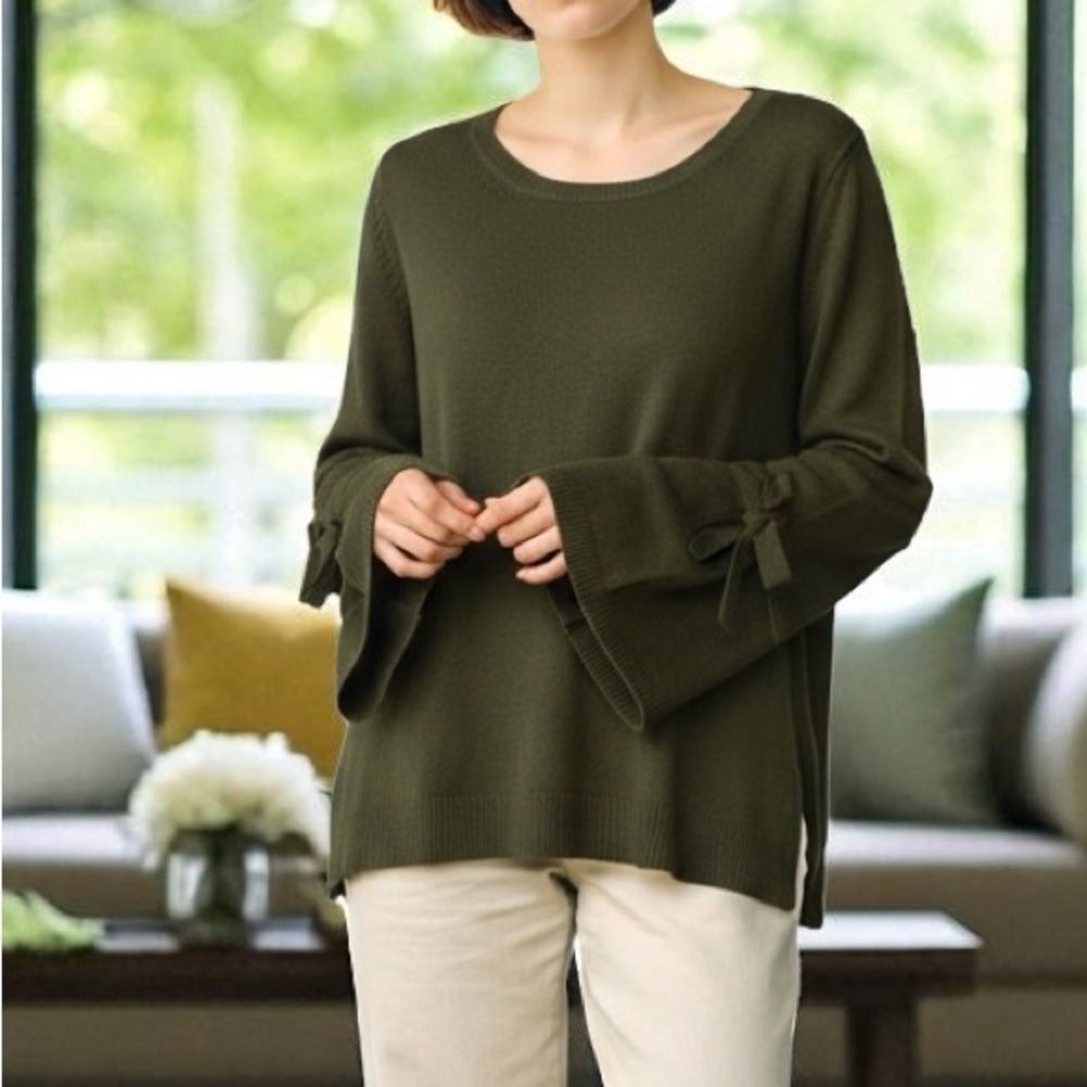 NWT Marella Sport Green Cashmere Wool Blend Tie Sleeves Pullover Sweater Size L